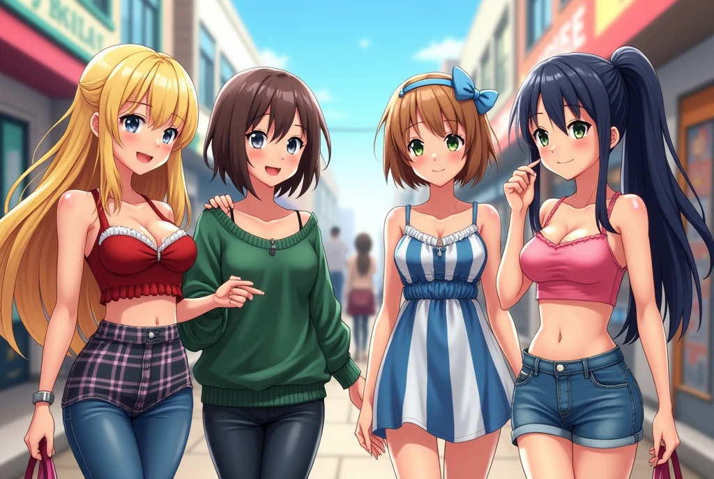 a group of anime girls shopping at a mall
1. the first girl is wearing a strapless red tube top that exposes her midriff and cleavage, and is almost slipping with jeans and long blonde hair.
2. the second girl has short brown hair and wearing baggy green sweater with a black t-shirt underneath and a plaid miniskirt.
3. the third girl has long black hair wearing a tight sleeveless blue and white horizontal striped dress with straps and blue hairband.
4. the fourth girl has a sun kissed complexion and brown ponytail hair with pink crop tank top that exposes her midriff with noodle straps along with shorts, she fixes her hair with her hands and shows both her armpits.
they're all chatting to each other.