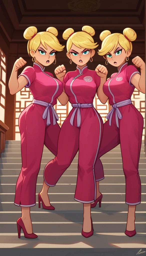 lola loud, 3girls, trio, 24yo girl, large breasts, pink cheongsam, inside of a chinese temple, looking at viewer, blonde hair, two hair buns , hands score_9, score_8_up, score_7_up, high heels, teep fighting stance,martial arts, stairs behind her, guarding the stairs, they wear the same outfit, they are twins