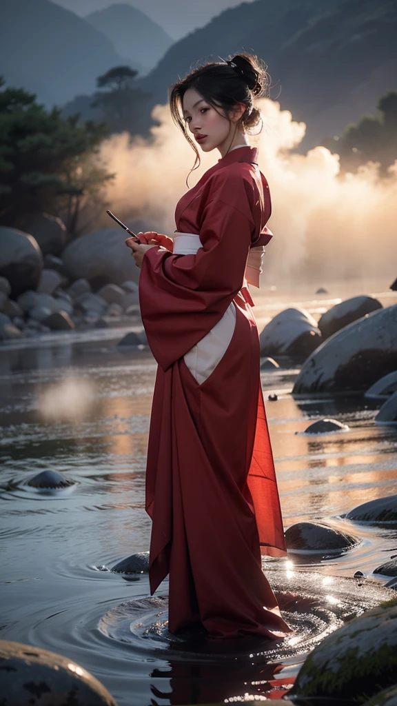 a beautiful geisha woman wearing a red kimono, standing on a plateau, exhaling smoke, high-angle shot, cinematic lighting, ray traced, 4k, masterpiece, extremely detailed skin and facial features