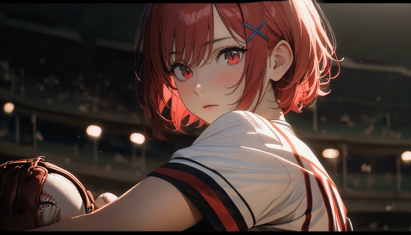 short hair, (Red hair:1.2), x Hair ornament, Red eyes,One person,Highest quality, masterpiece, High resolution,highest quality, intricate details, (cinematic lighting), RAW photo, 8k ,high definition detail、baseball,support、Baseball uniforms、pitcher、Right-handed