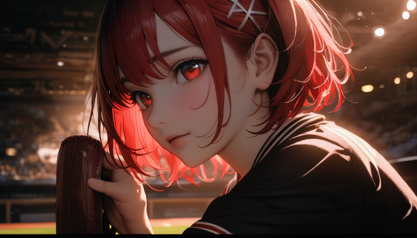 short hair, (Red hair:1.2), x Hair ornament, Red eyes,One person,Highest quality, masterpiece, High resolution,highest quality, intricate details, (cinematic lighting), RAW photo, 8k ,high definition detail、baseball,support、Baseball uniforms、pitcher、Right-handed
