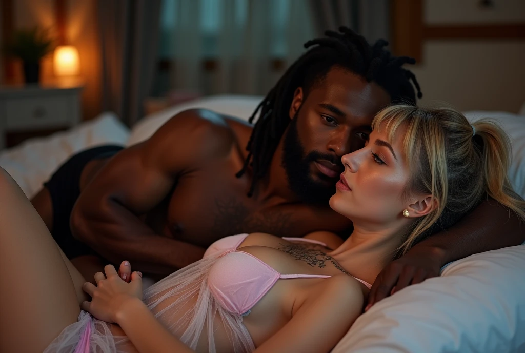 (Photorealsitic:1.4), (masterpiece:1.3), (top-quality:1.4), ultrarealistic
sexy well proportioned, full body of tall (muscular) black man )) and
((innocent and (sexy) little middle age woman,
he lycra black thong , powerful haw, dreadlocks, detailed long dreadlocks,
she bright expression, extremely beautyful, amazing beautyful, Extraordinary beautiful, Detailed cute and beautiful face, perky small nose, Beautiful bangs, Glowing white shiny skin, Bangs that extend to the face,
(cozy night bedroom),
alternative vibe,beautiful big blue eyes,freckles, short ponytail blonde hair,tight body,
vibrant lighting, high contrast,dramatic shadows,highly detailed,detailed skin,depth of field,dynamic angle,glimmer lighting, film grain,
woman (white transparent gauze gown, pink undies)
man thong,
he lying on his back on bed, she mounted on his hips, he holding her legs, he kissing her neck with desire, 5 fingers, passionate pose,