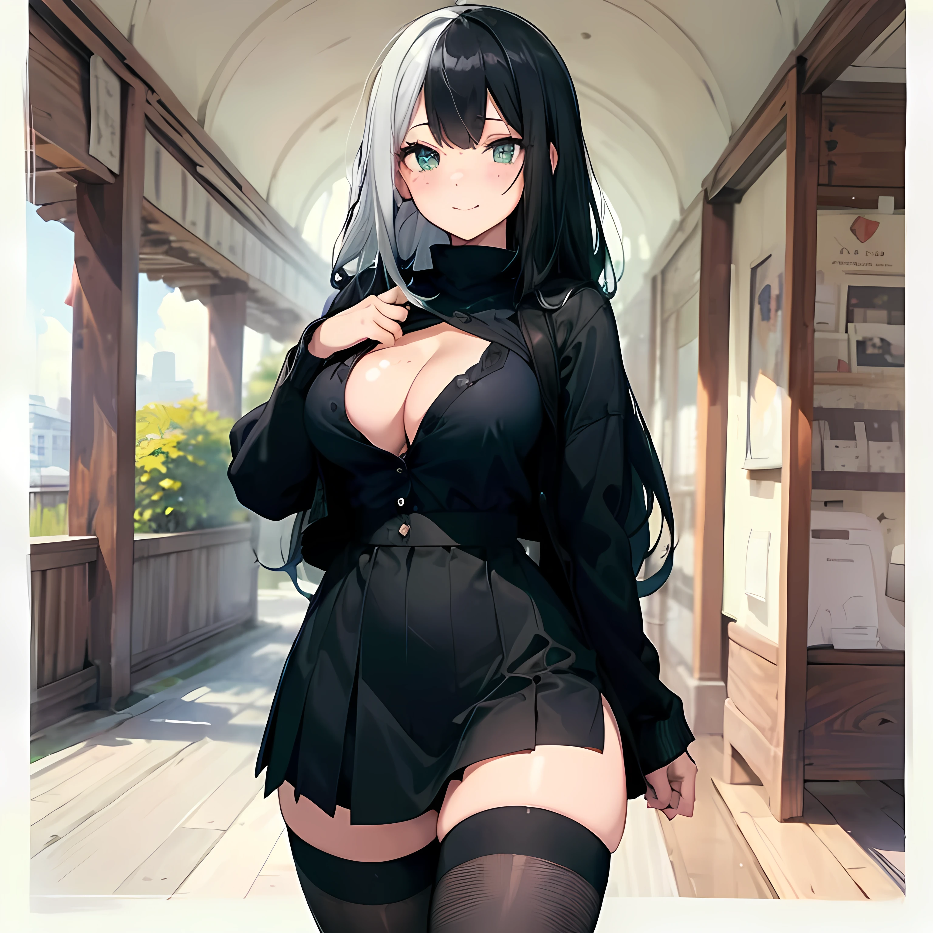 1girl, (hlfcol haired girl with black and white hair), long hair, round green eyes, freckles, smile, (happy, contented, cute), grey cardigan, black shirt (low-cut), dark-purple skirt (high-waisted, tight),  holding iPhone, black thigh-highs, big breasts, cleavage, thin waist, wide hips, thick thighs, slim, fit, attractive, best quality, masterpiece, ultra-detailed, illustration, absurd res, anime, perfect, 4k, 8k, highres