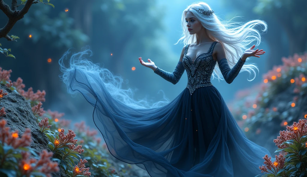 A mesmerizing sorceress with silver hair and piercing blue eyes, floating above a mystical, otherworldly landscape filled with glowing plants and ethereal light. She is adorned in a flowing black dress with intricate silver embroidery. Her hands weave through the air as she sings a soft lullaby, creating a swirling mist of magic that dances through the air, wrapping the world in a serene, sleep-inducing spell. Aim for realistic depiction, make sure photos are at highest resolution (8K)
