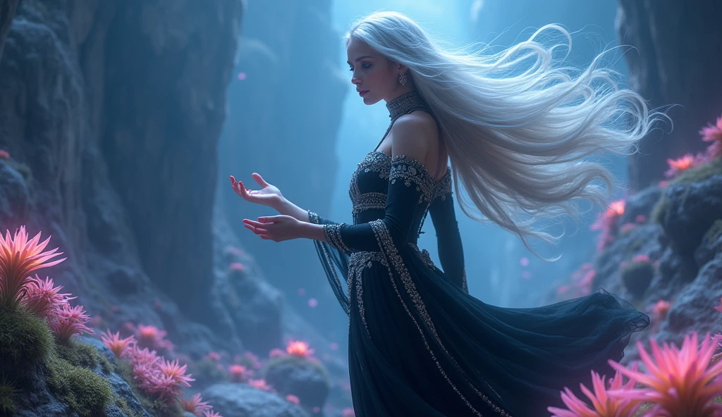 A mesmerizing sorceress with silver hair and piercing blue eyes, floating above a mystical, otherworldly landscape filled with glowing plants and ethereal light. She is adorned in a flowing black dress with intricate silver embroidery. Her hands weave through the air as she sings a soft lullaby, creating a swirling mist of magic that dances through the air, wrapping the world in a serene, sleep-inducing spell. Aim for realistic depiction, make sure photos are at highest resolution (8K)