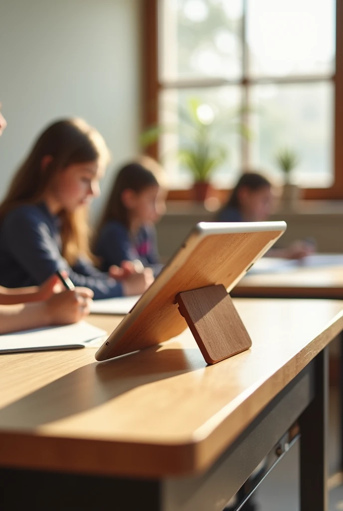 A tablet stand that clips onto the edge of a school desk without taking up space on the table and is made of thin wood