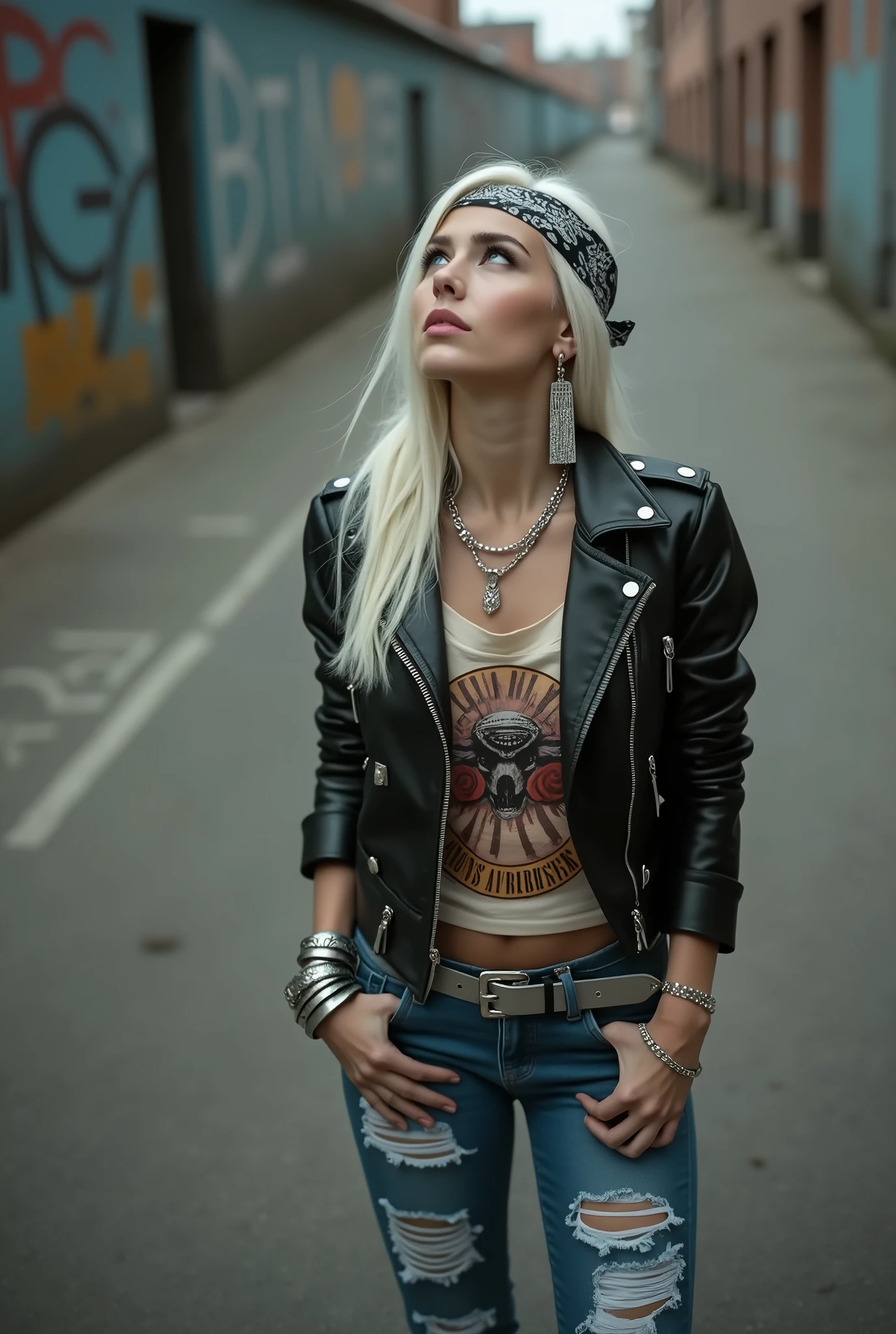 russian milf woman, biker gang member, platinum blonde hair (straight, middle part) with bandana headband, with very light blue eyes, extremely pale. Thin legs and thin arms. Wearing cropped black moto jacket with lots of zippers and badges, raggy cropped t-shirt with guns and roses logo, skinny blue jeans with holes and silver chelsea boots with cuban heels. Lots of metallic bracelets and collars. Tacky leather belt with oversized, excessive silver buckle. Hands in pockets. Long earrings. Looks up, overwhelmed: she tinks God is speaking to her 