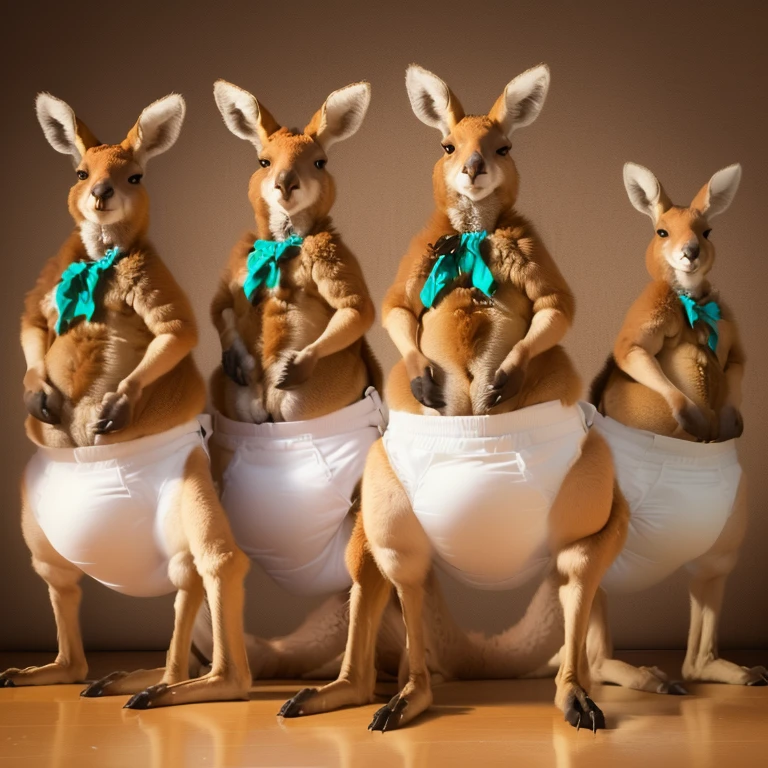 three kangaroos in diapers standing on their hind legs, kangaroos, subject : kangaroo, subject: kangaroo, kangaroo, surreal hybrid animals, spy kangaroo, highly realistic photo, creative photo manipulation, australia, photo manipulation, in australia, australian, digital art animal photo, funny weird illustration, funny illustration, ultrarealistic illustration, comical, a hyper realistic