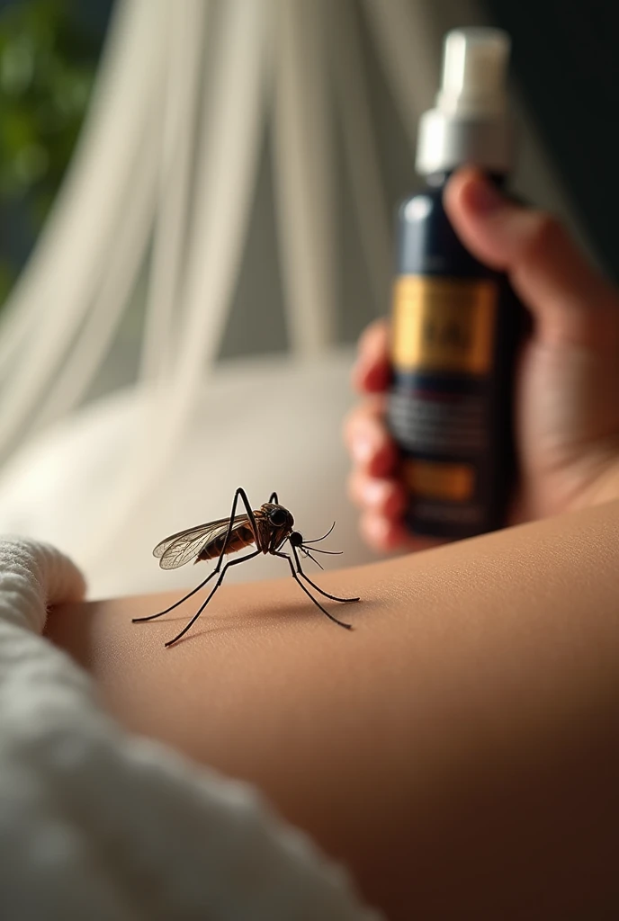 A detailed close-up of a mosquito perched on a human skin, with a focus on the intricate patterns on its wings. In the background, a blurred image of a mosquito net hangs over a bed, symbolizing protection. Nearby, a hand holds a bottle of insect repellent, emphasizing prevention.