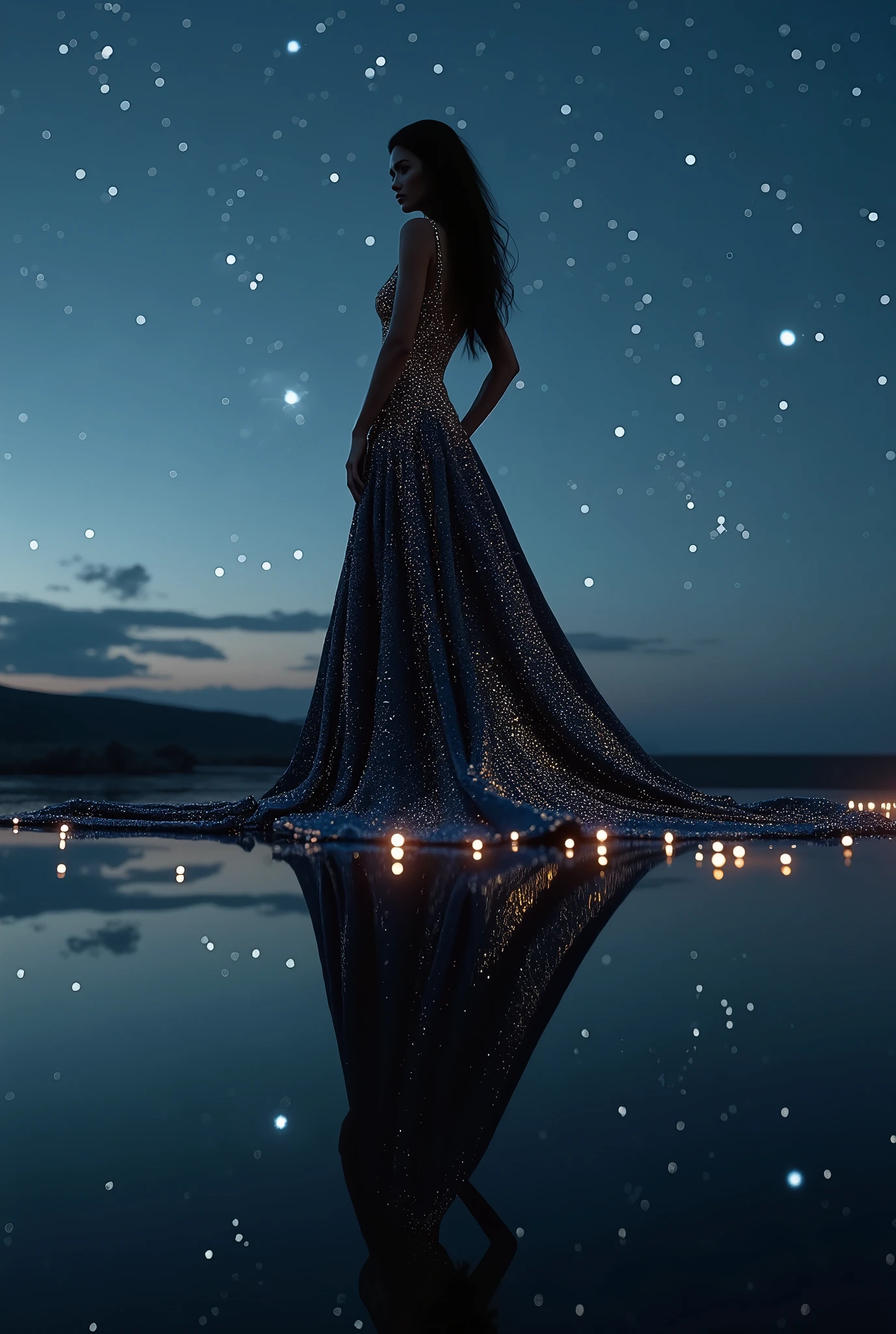 Create an award-winning, ultra-realistic CGI image featuring a stunning supermodel wearing a dress that is perfectly color-matched to the starry night sky. The dress should be designed with advanced color-matching techniques, ensuring that the hues, tones, and luminosity of the fabric precisely reflect the deep blues, blacks, and twinkling stars of the sky. The patterns on the dress should mirror the exact placement and brightness of the stars above, creating a seamless blend where the dress becomes an extension of the celestial backdrop.

The image should be composed with a low-angle perspective, emphasizing the fluid transition where the dress and sky merge without any noticeable difference in color or texture. The model’s pose should highlight this connection, with careful attention to lighting and shadows to ensure the dress reflects the same light as the stars. This approach will create a visually stunning effect where the model appears almost ethereal, as if she is part of the night sky itself.

The overall composition should focus on achieving a flawless integration of the dress and sky, using precise color calibration and texture blending to overcome any issues with mismatched colors, ensuring a truly seamless and breathtaking visual experience.