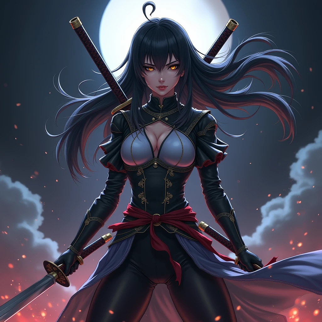 a woman with two sword, Katana Zero video game character, female protagonist Official character illustrations, female assassin, dramatic katana pose, Knights, female anime character, katanas strapped to her back, samurai, 2b, unsheathing her katana, Female action anime girl, none background