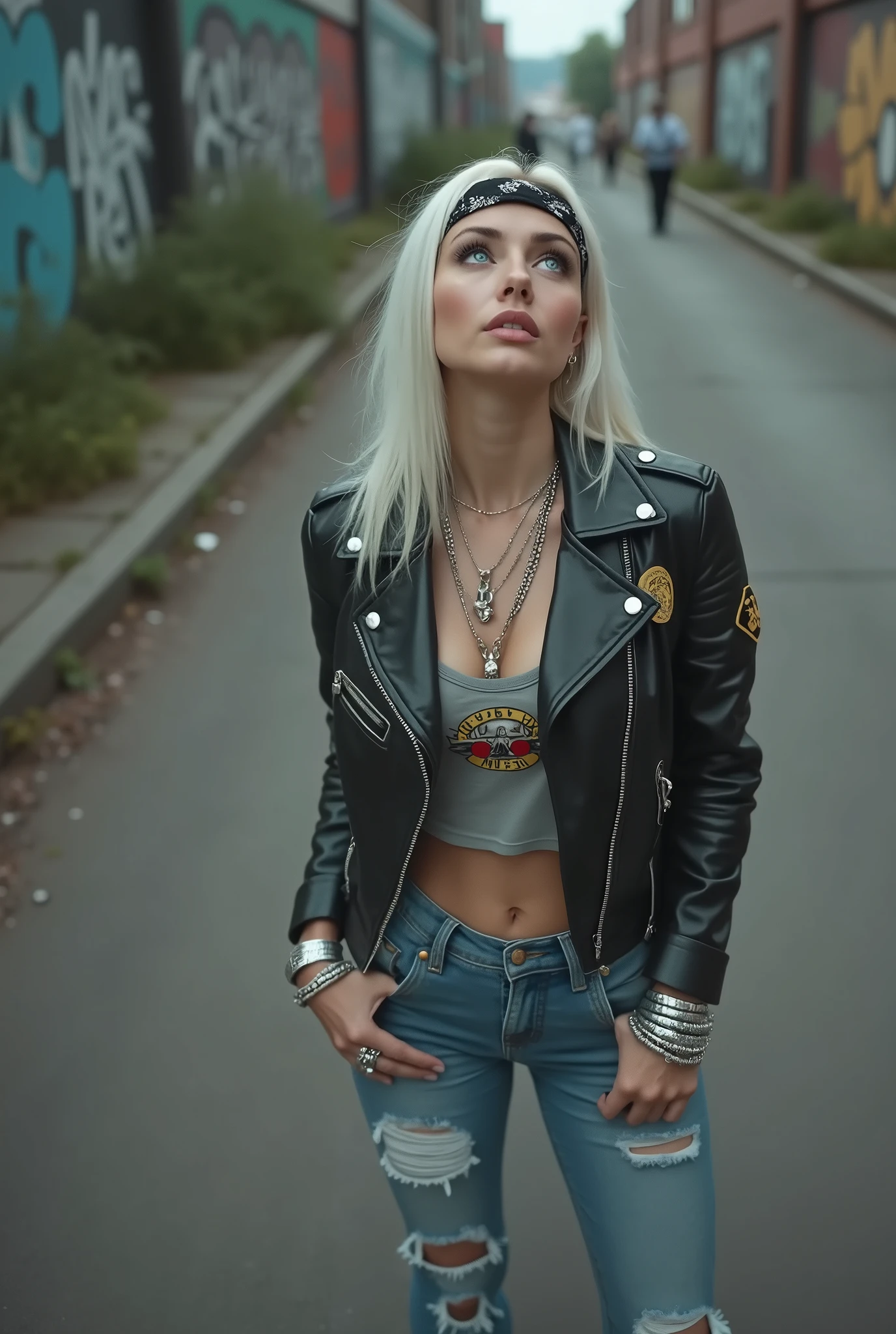 russian milf woman, biker gang member, platinum blonde hair (straight, middle part) with bandana headband, with very light blue eyes, extremely pale. Thin legs and thin arms. Wearing cropped black moto jacket with lots of zippers and badges, raggy cropped t-shirt with guns and roses logo, skinny blue jeans with holes and silver chelsea boots with cuban heels. Lots of metallic bracelets and collars. Tacky leather belt with oversized, excessive silver buckle. Hands in pockets. Long earrings. Looks up, overwhelmed: she tinks God is speaking to her