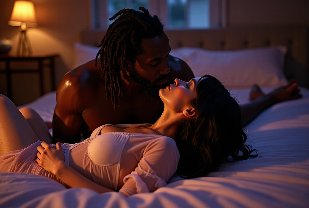 (Photorealsitic:1.4), (​masterpiece:1.3), (top-quality:1.4), ultrarealistic 
sexy well proportioned, full body of  tall (muscular) black man )) and 
((innocent and (sexy) little middle age woman, 
he  lycra black thong , powerful haw, dreadlocks, detailed long dreadlocks,
she bright expression, extremely beautyful, amazing beautyful, Extraordinary beautiful, Detailed cute and beautiful face, perky small nose, Beautiful bangs, Glowing white shiny skin, Bangs that extend to the face,
(cozy night bedroom), 
alternative vibe,beautiful big blue eyes,freckles,  short ponytail blonde hair,tight body,
vibrant lighting, high contrast,dramatic shadows,highly detailed,detailed skin,depth of field,dynamic angle,glimmer lighting, film grain, 
woman (white transparent gauze gown, pink undies) 
man thong, 
he lying on his back on bed, she mounted on his hips, he holding her legs, he kissing her neck  with desire, 5 fingers, passionate pose,