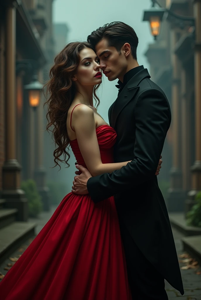 A Victorian couple, elegant, dark, vampire, holding each other, dark aesthetic, vampire aesthetic, book cover aesthetic
Woman: long hair, curly, brown hair, not much volume, english, red dress, elegant, 23,
Guy: black hair, short hair, black clothing, Nobility, 24, masculine features, sharp jawline, green eyes.