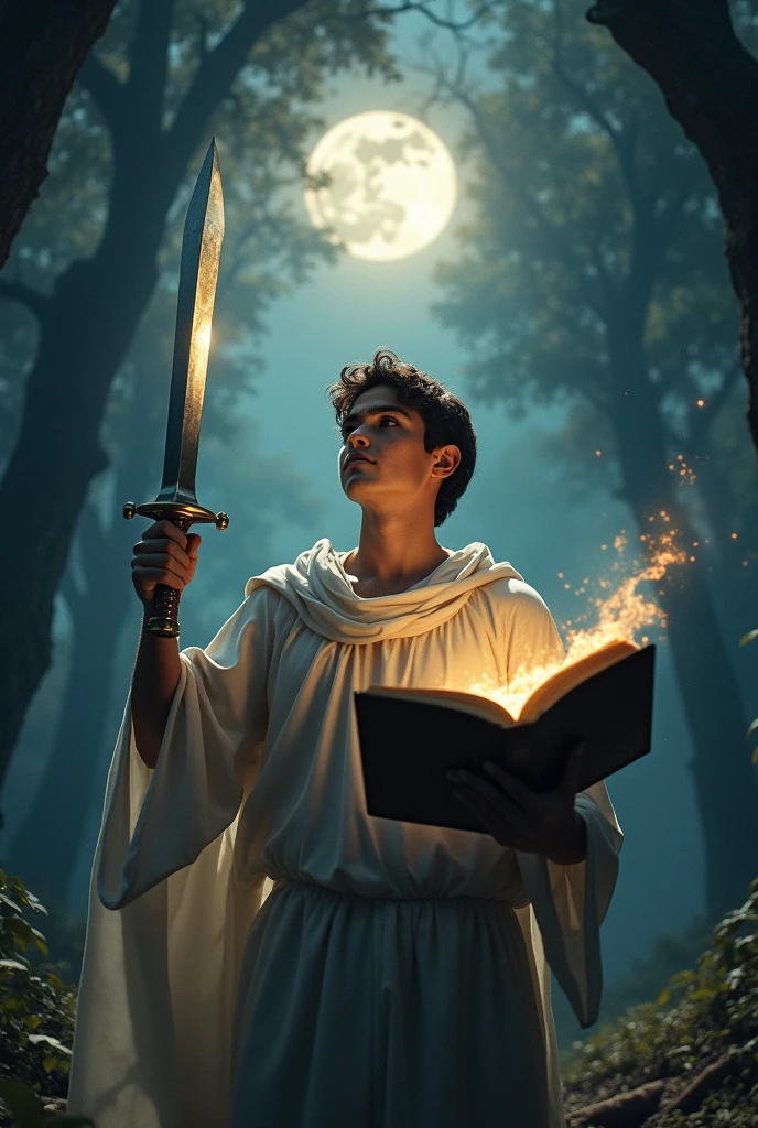 A young man with a dagger on his right hand, and bible on his left hand as a shield, his eyes were shining , his body was filled with Holiness