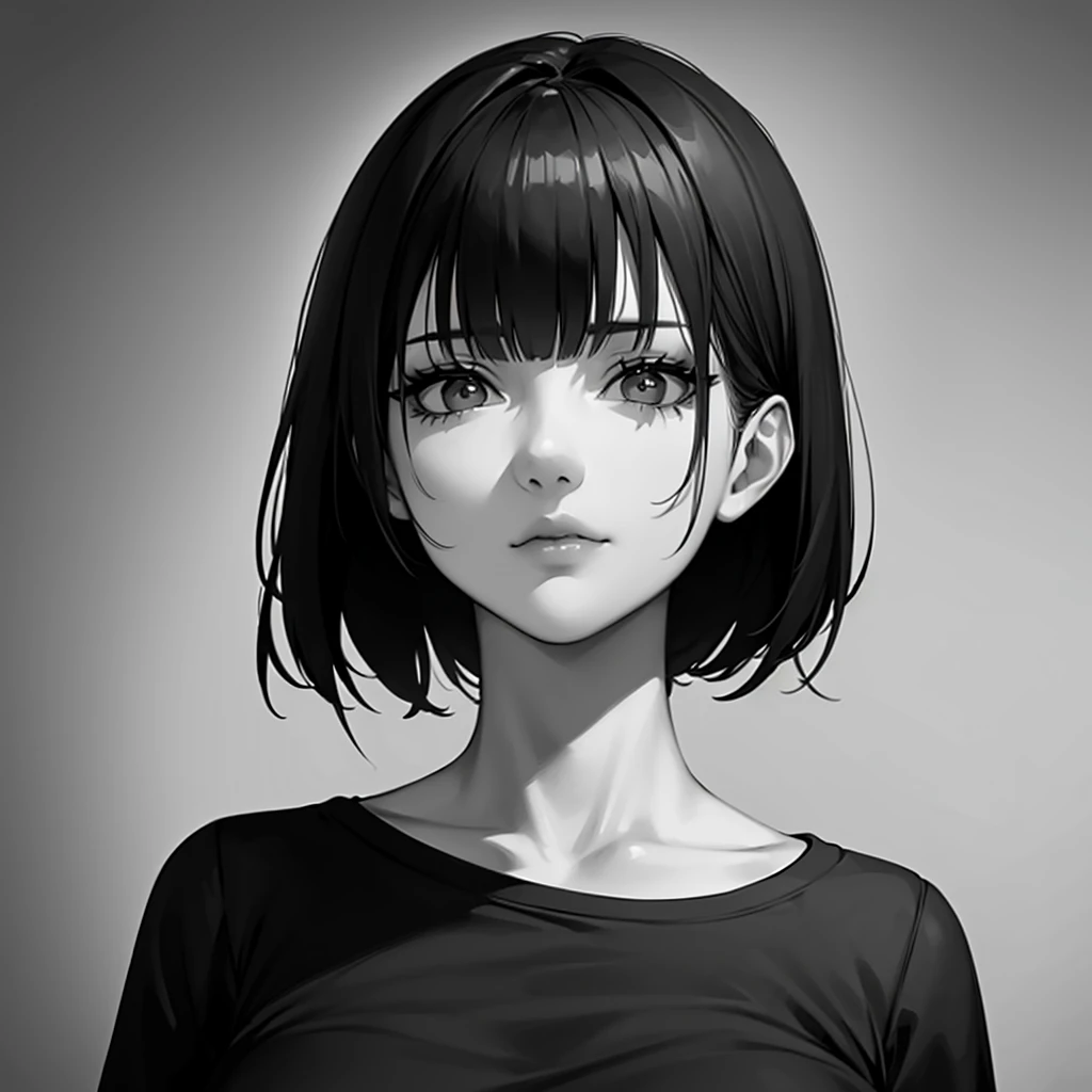 1girl, solo, sharp eyes, monochrome, greyscale, short black hair, portrait, T-shirt, closed mouth, looking at viewer, sketch, graphite \(medium\), detailed lips, hatching \(texture\), without makeup, bangs, upper body, (best illustration), (best quality), (very detailed), (masterpiece),