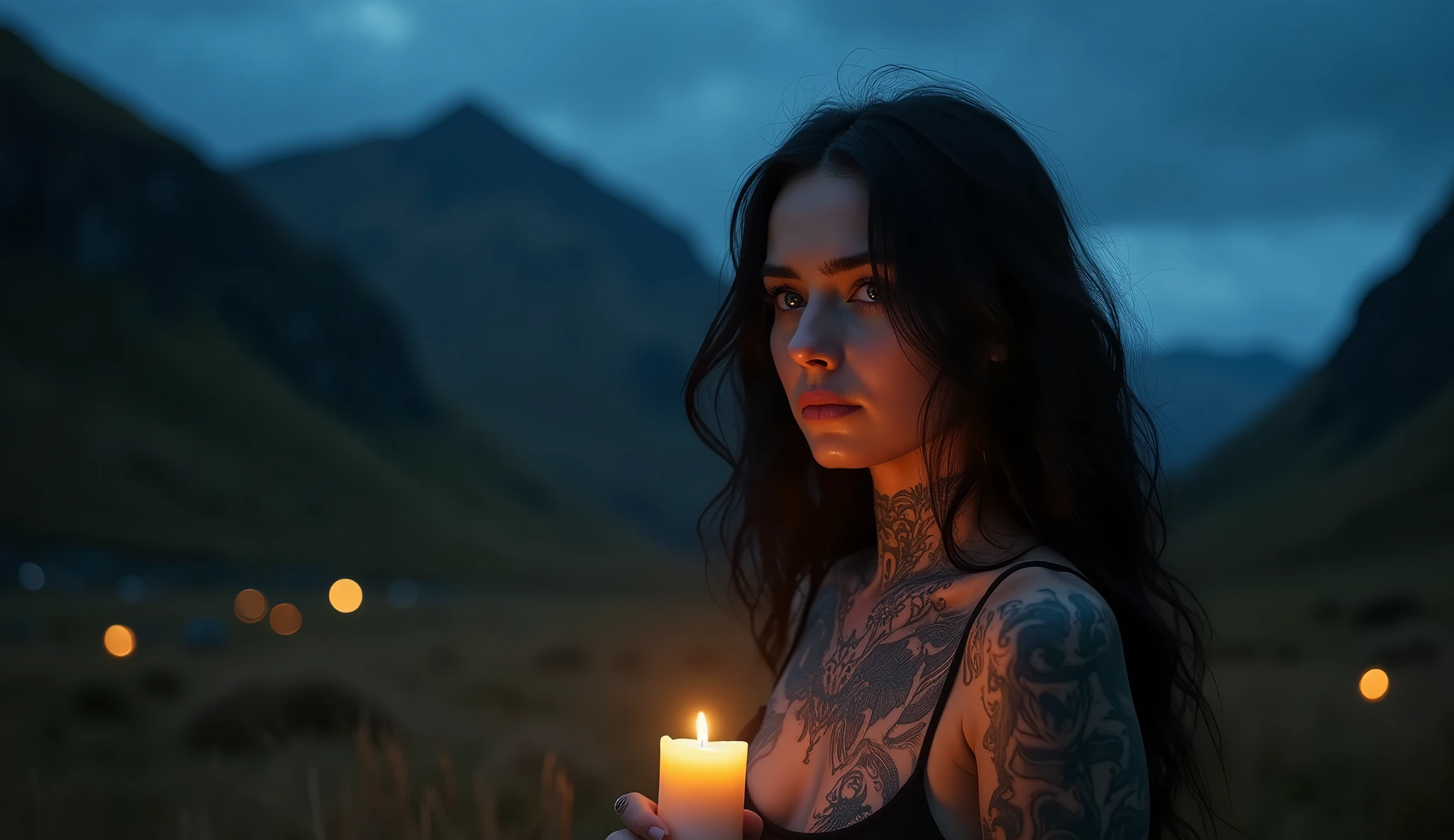 tatuados,Very beautiful big breasts、(Tears),(Back tattoo、Many tattoos on both arms and neck)、 (Scottish Highlands at night,Vast grasslands and steep mountains々),Candlelight only,Very detailed, 21 years old, A beautiful woman,Depressed face, Black Hair,Medium Wavy Hair, blue eyes, High resolution, masterpiece, Highest quality, Intricate details, Very detailed, Clear focus, Delicate skin, practical skin texture, texture, Delicate eyes, Professional, 8k, Sad face,despair、 Shot with Canon, 85mm, Shallow and deep, Kodak Vision Color, Exactly, Very detailed, photograph_\(Extremist\), photographpractical, practical, Post-processing, Maximum details, Roughness, Real Life, Extremist practical, Photorealism, photographgraphy, 8k ウルトラ HD, photographgraphy