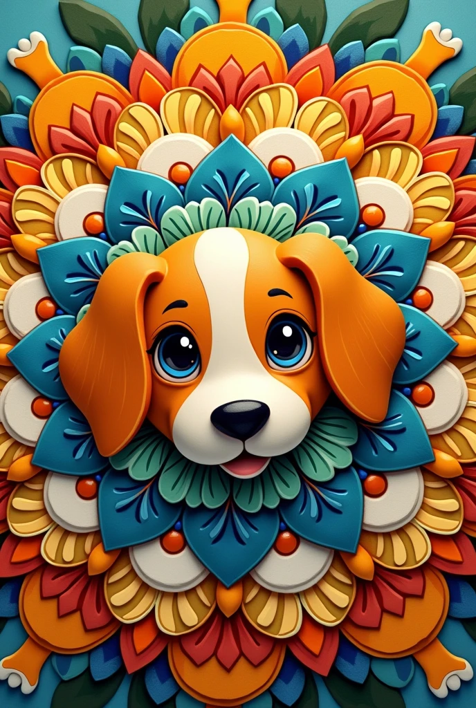 vibrant color drawing of a simple cute dog based mandala