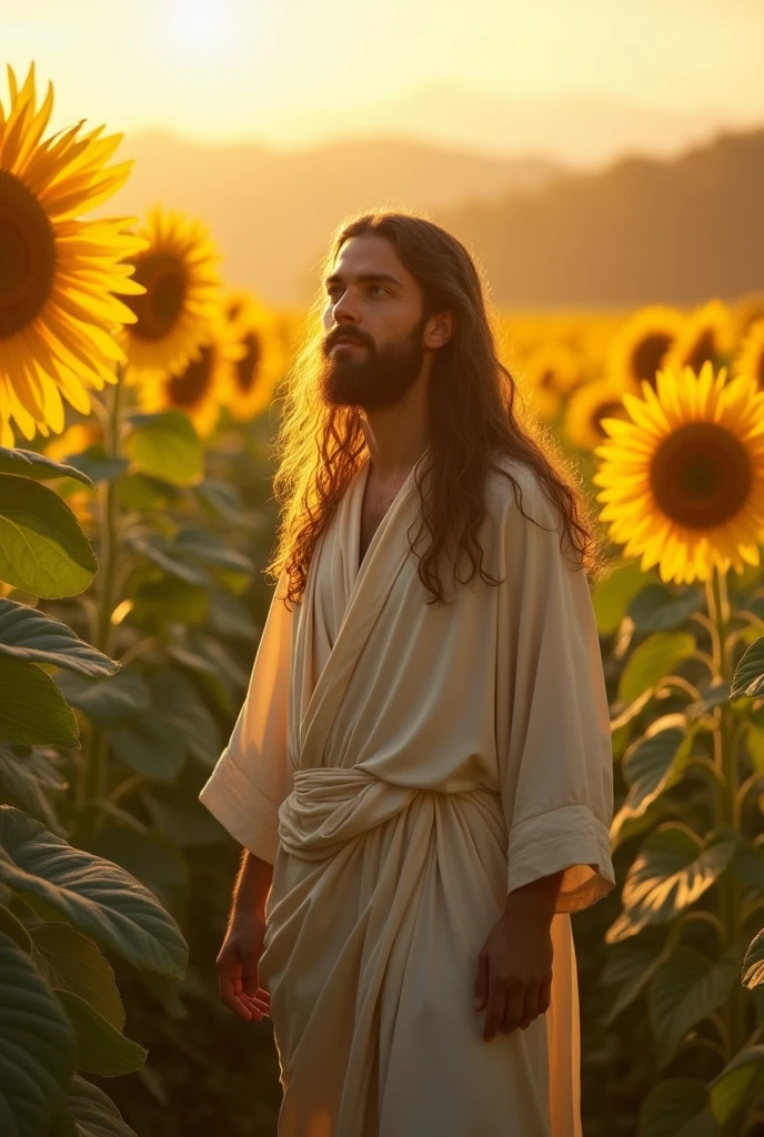 Jesus waking in a sunflower field in a vertical view
