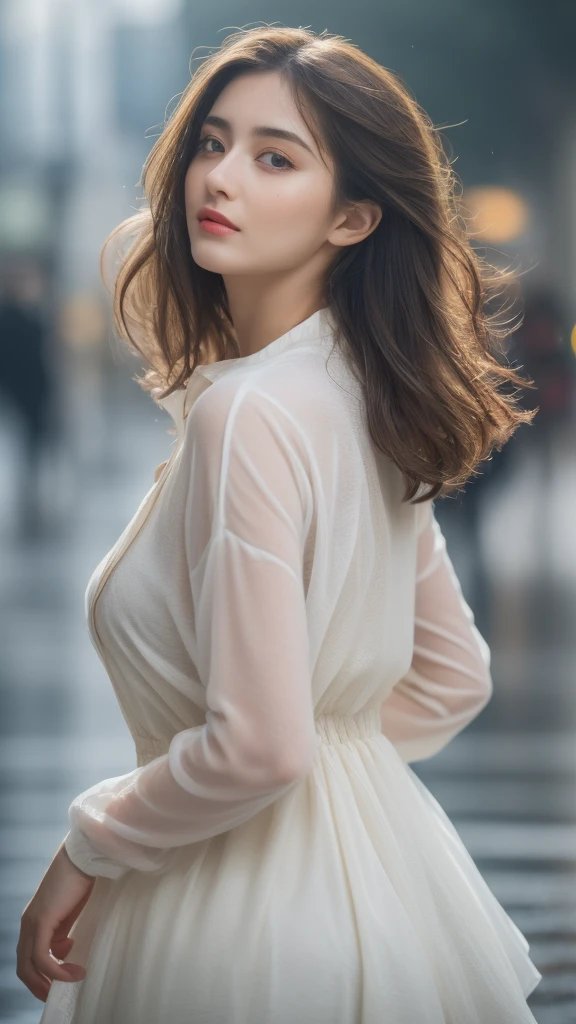 1girl, beautiful detailed eyes, beautiful detailed lips, extremely detailed face and skin, long eyelashes, extremely detailed and intricate face, detailed beautiful eyes, detailed beautiful lips, perfect body, perfect proportions, beautiful buttocks, layered haircut, detailed breasts, wet clothes, rain, urban street scene, bandeau dress, highly detailed and realistic face and skin texture, delicate eyes, double eyelids, bright and glowing skin, long flowing hair, (best quality, 8k, masterpiece:1.3), (focus:1.2), (perfect body beauty:1.4), (buttocks:1.2), (layered haircut, breasts:1.2), (wet clothes:1.1), (rain, street:1.3), (bandeau dress:1.1)