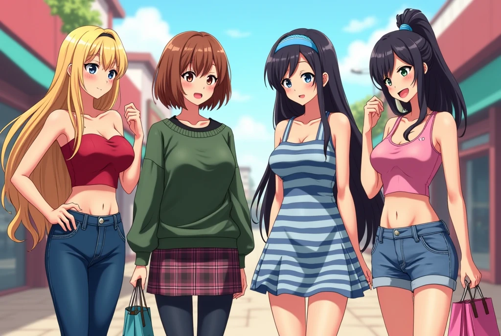 a group of anime girls shopping at a mall
1. the first girl is wearing a strapless red tube top that exposes her midriff and cleavage, and is almost slipping with jeans and long blonde hair.
2. the second girl has short brown hair and wearing baggy green sweater with a black t-shirt underneath and a plaid miniskirt.
3. the third girl has long black hair wearing a tight sleeveless blue and white horizontal striped dress with straps and blue hairband.
4. the fourth girl has a sun kissed complexion and brown ponytail hair with pink crop tank top that exposes her midriff with noodle straps along with shorts, she fixes her hair with her hands and shows both her armpits.
they're all chatting to each other.