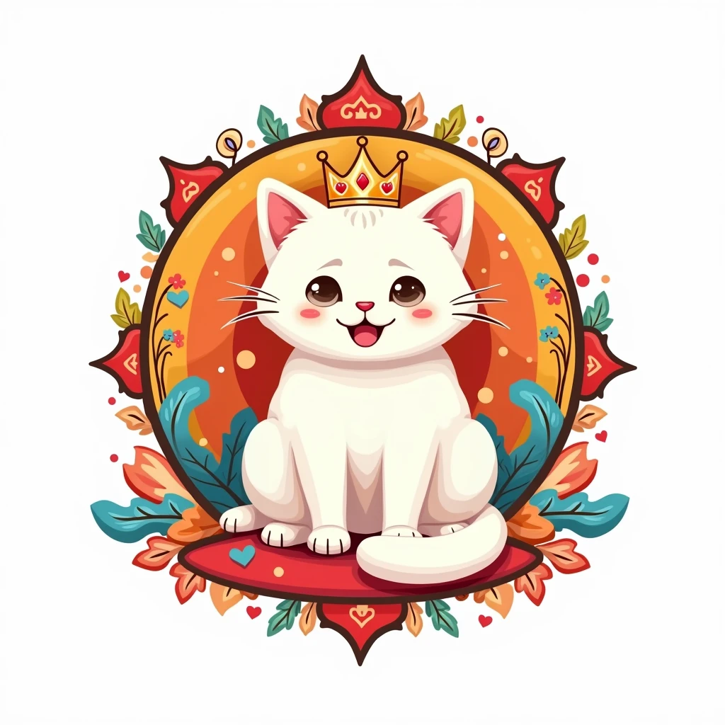 Develop a vibrant emblem logo for ' Jessi ' featuring a white Cat wearing a tiny Queen crown and sitting inside a decorative frame adorned with pet accessories like toys and treats. Use a colorful palette of red, yellow, and blue to convey a sense of joy and celebration. The logo should be eye-catching and festive against a white background.