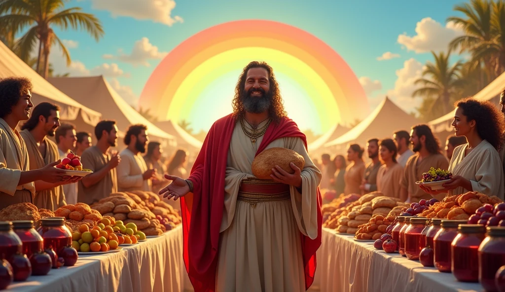 Create an image of Solomon in a setting where he is distributing food and resources at a harvest festival. The scene should show tables full of fruit, breads, and wine jugs, with people from all parts of the kingdom participating in the celebration. in the sky, a rainbow should appear, symbolizing the promise of abundance that generosity brings. Solomon is at the center of the scene, with an expression of contentment as he watches the happiness of his people, reinforcing that generosity creates a continuous cycle of positive feedback.