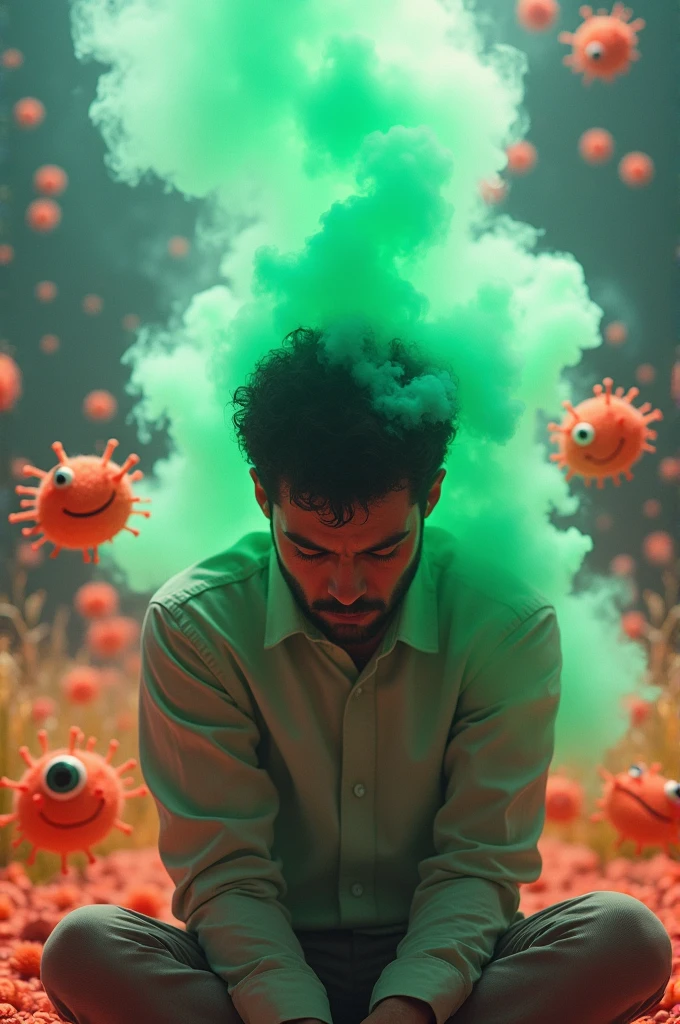 Image of a sad person with bad breath and lots of germs around.the image is creative, colorfully, several details.
The smoke coming out of the mouth is greenish .The environment is clear 