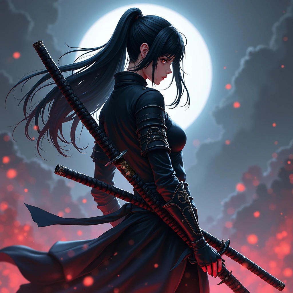 a woman with two sword, Katana Zero video game character, female protagonist Official character illustrations, female assassin, dramatic katana pose, Knights, female anime character, katanas strapped to her back, samurai, 2b, unsheathing her katana, Female action anime girl, none background
