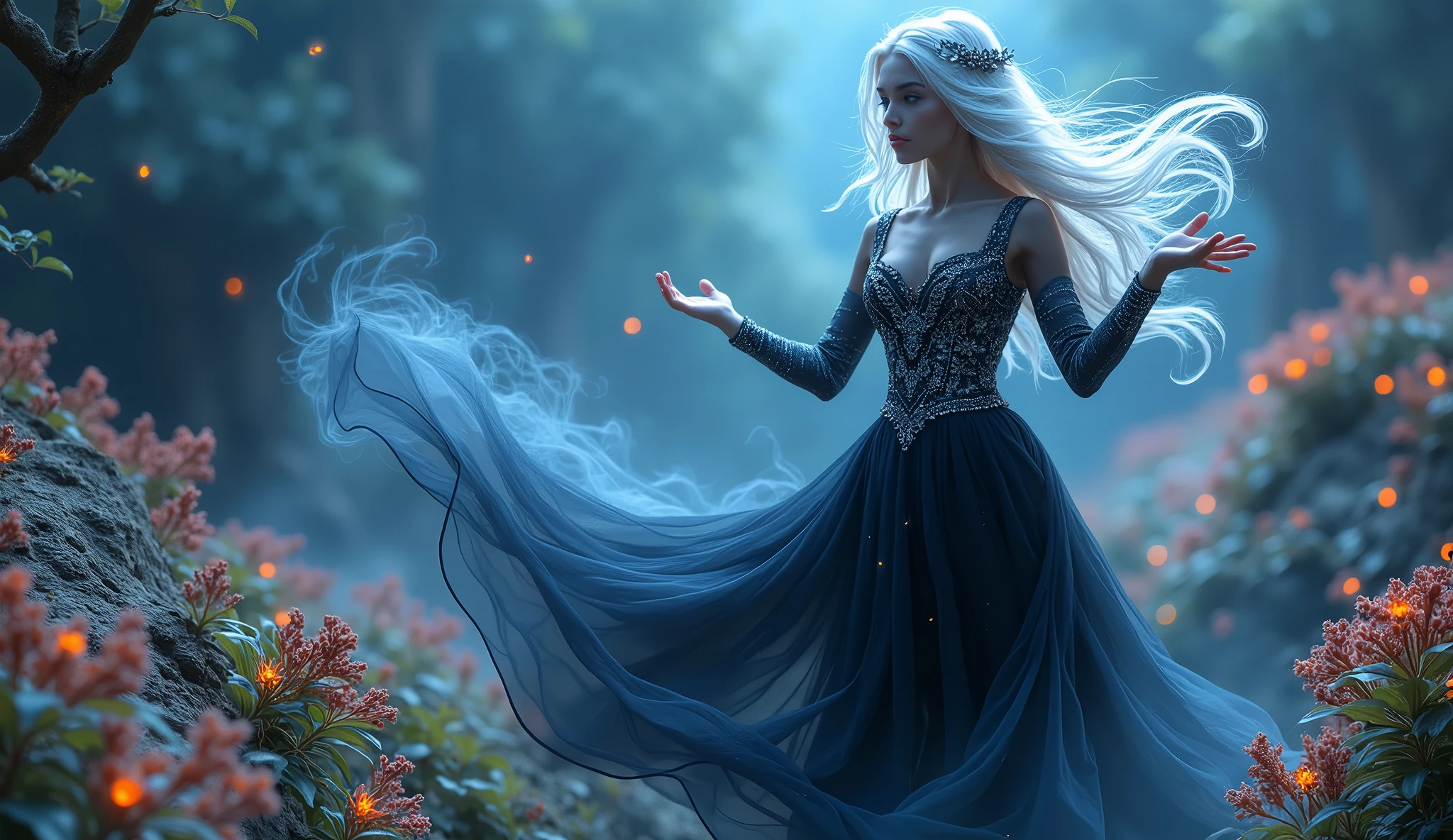 A mesmerizing sorceress with silver hair and piercing blue eyes, floating above a mystical, otherworldly landscape filled with glowing plants and ethereal light. She is adorned in a flowing black dress with intricate silver embroidery. Her hands weave through the air as she sings a soft lullaby, creating a swirling mist of magic that dances through the air, wrapping the world in a serene, sleep-inducing spell. Aim for realistic depiction, make sure photos are at highest resolution (8K)