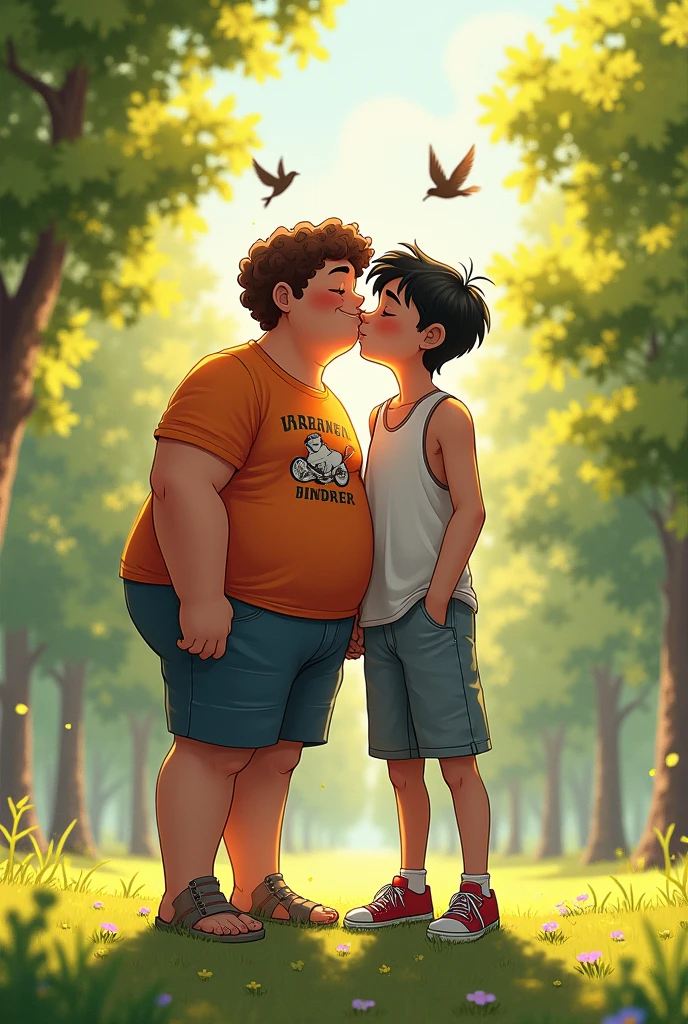Generates an image of a fat ager kissing a skinny man teen
