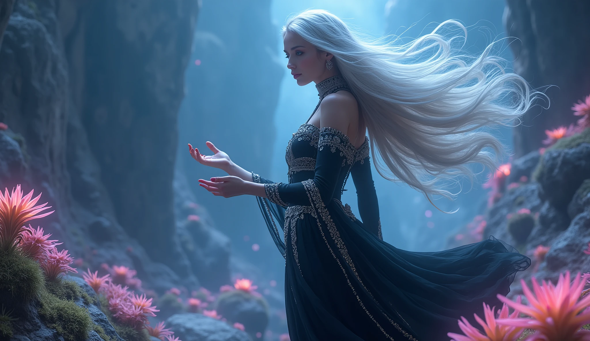 A mesmerizing sorceress with silver hair and piercing blue eyes, floating above a mystical, otherworldly landscape filled with glowing plants and ethereal light. She is adorned in a flowing black dress with intricate silver embroidery. Her hands weave through the air as she sings a soft lullaby, creating a swirling mist of magic that dances through the air, wrapping the world in a serene, sleep-inducing spell. Aim for realistic depiction, make sure photos are at highest resolution (8K)
