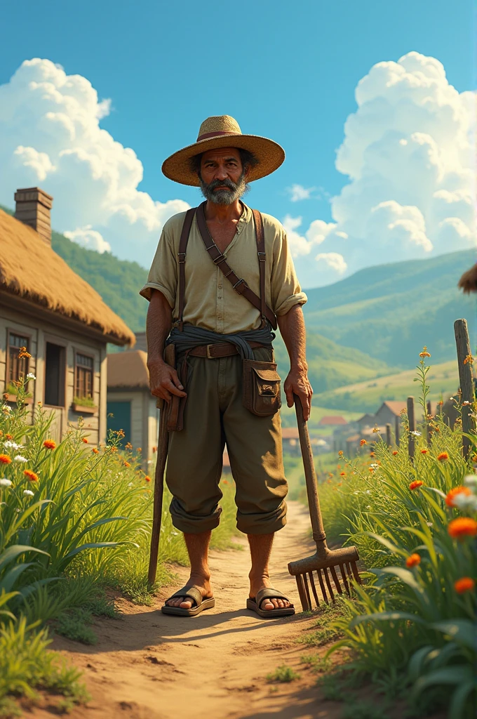 Illustrate a scene in a rural village with a poor farmer standing in his simple field. In Dall e-3 Style
