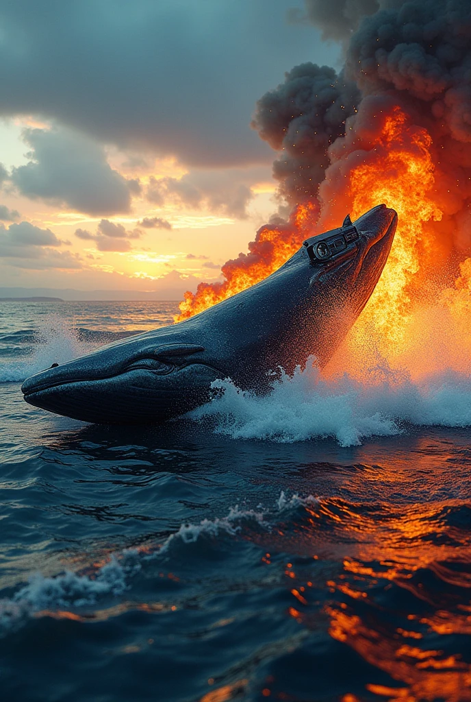 A design combining water, whale, fire, Car and camera
