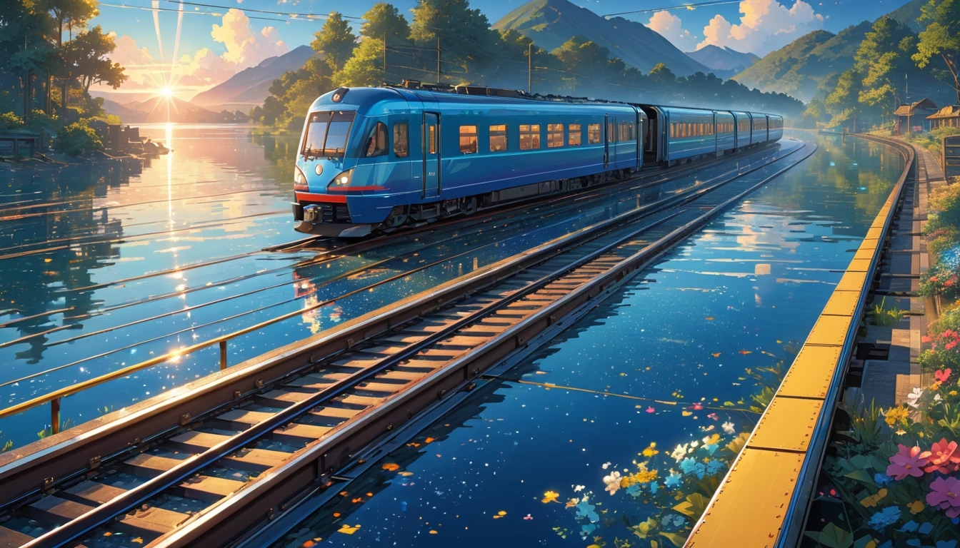 score_9, score_8_upper, score_7_upper,A train running on water,Large Lake,Sunken rail,(((Side angle))),Small station platform,(((Blue overall color))),summer,horizontal line,Morning Glow,Starry Sky,Streaks of Light,(masterpiece, Highest quality, Highest quality, Official Art, beautifull, beautiful:1.2,Ray Tracing),Very detailed,Blue tones,Very detailed, (Fractal Art:1.3),  Most detailed, High resolution, Impressive visuals, (Dynamic Stripes, Light trail:1.2), Vibrant colors ,Detailed Images