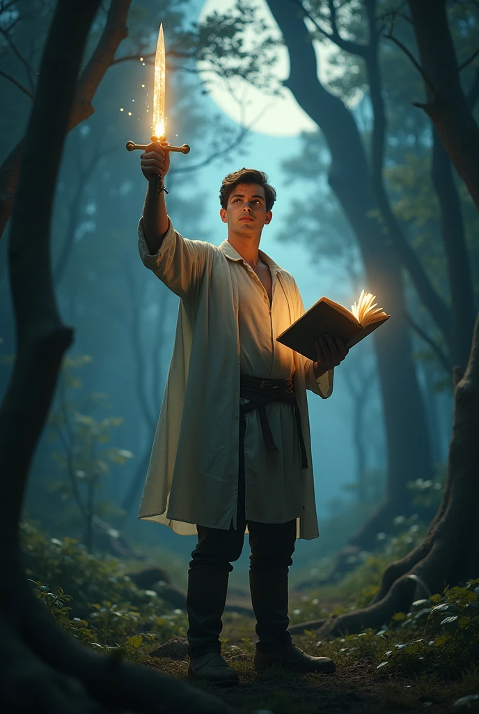 A young man with a dagger on his right hand, and bible on his left hand as a shield, his eyes were shining , his body was filled with Holiness 