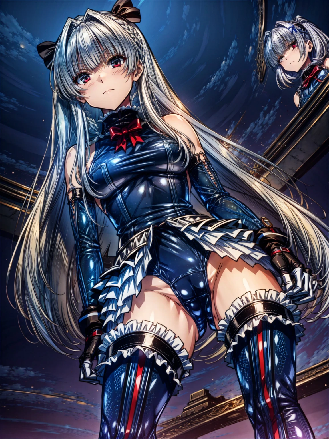 Perfect Anatomy, Highest quality, Rose,,Provocative attitude
(Inside a futuristic base:1.1)(Emotionless,Expressionless:1.4),Anime Style,(Frilled swimsuit, Knee socks, Removed sleeve), (Anime Style:1.4) ,(Three Girls:1.5),
Silver Hair,(White fingers:1.1,Black gloves),Very long hair,Evil Aura,(From directly below:1.4),whole body,Spread your legs,Collar with chain