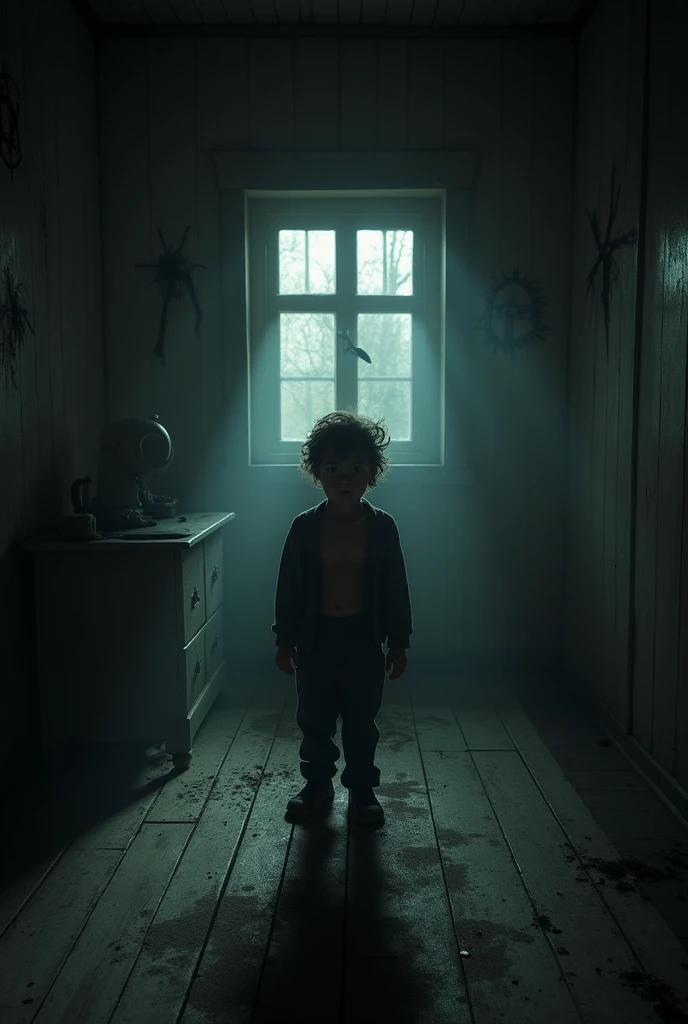 a boy standing in a cabin with symbols on the wall, black and white, horror scene