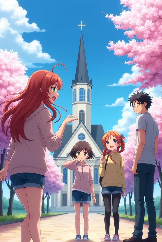 GENERATE AN ANIME IMAGE ABOUT 1 GIRL ASKING HER THREE FRIENDS (2 GIRLS AND 1 BOY) TO GO TO CHURCH