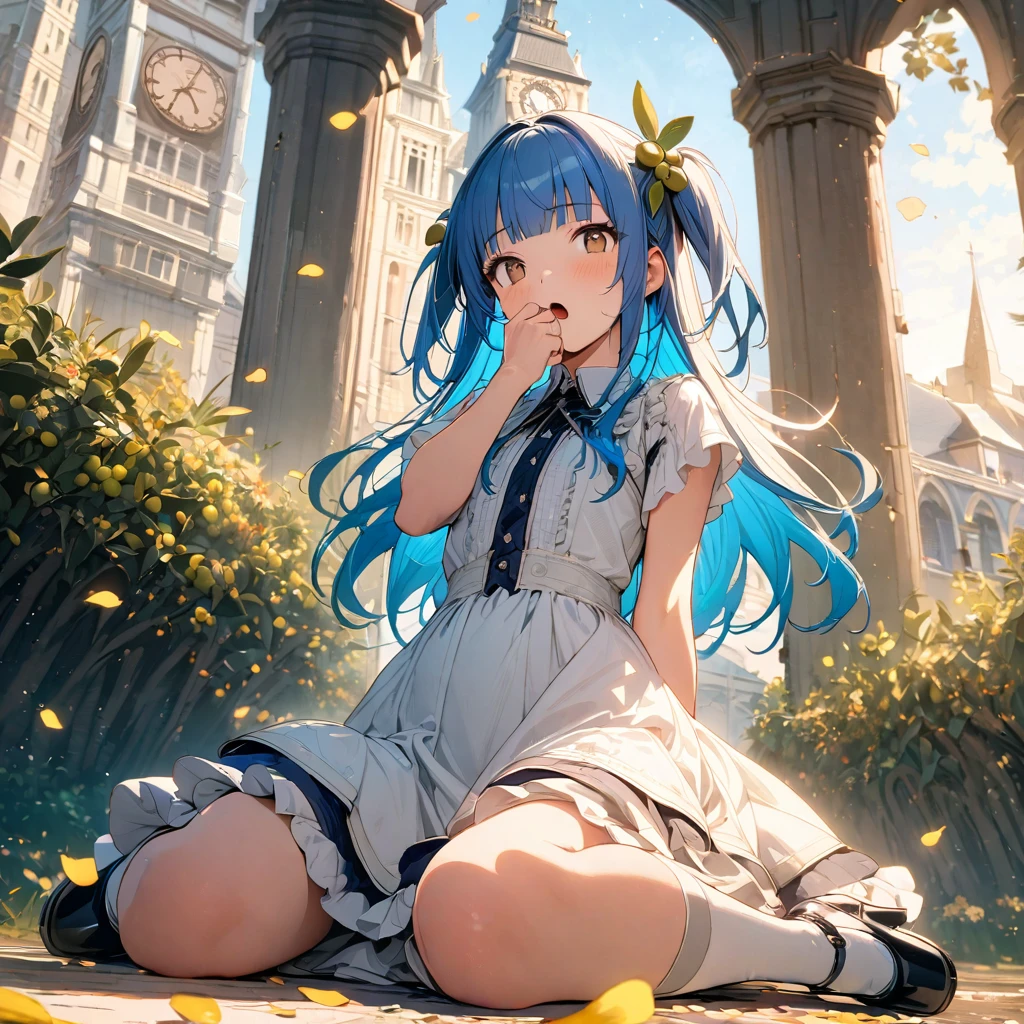 1 idol,solo,,ultra-detailed face,detailed eyes,brown eyes,blunt bangs,blue hair,two side up,fragrant olive hair accessory,wariza,White Victorian dress,Patent high heels,looking at viewer,sleepy,yawning,hand over own mouth,parted lips,rim light,out doors Countryside of fragrant olive tree,(petals:1.3),Clock tower,highly detailed illustration,masterpiece,8K,top quality