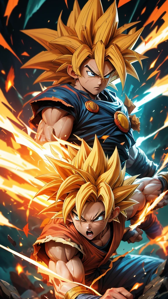 A dynamic scene where Goku is in the process of transforming into Super Saiyan. His hair is beginning to spike and change color to gold, his eyes turning teal. The ground around him is cracking from the sheer force of his power-up, with electricity sparking around his body.