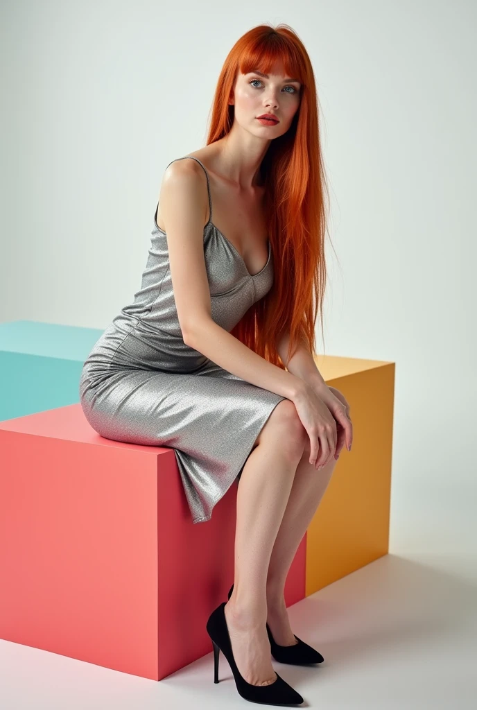 best qualityer:1.4), (ultra high resolution:1.2), (photorrealistic:1.4), (8k, CRU photo:1.2), 1 redheaded woman with long hair, well-aligned bangs and loose straight hair. blue colored eyes. She is wearing a silver calf-length dress.. She is wearing black high heels. red lipgloss stick. She is sitting on a colorful cube. You are in a photography studio with a white background