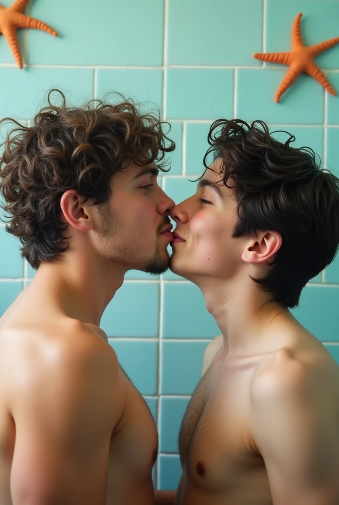 Generates an image of a fat ager kissing a skinny man teen whit a background on a bathroom
