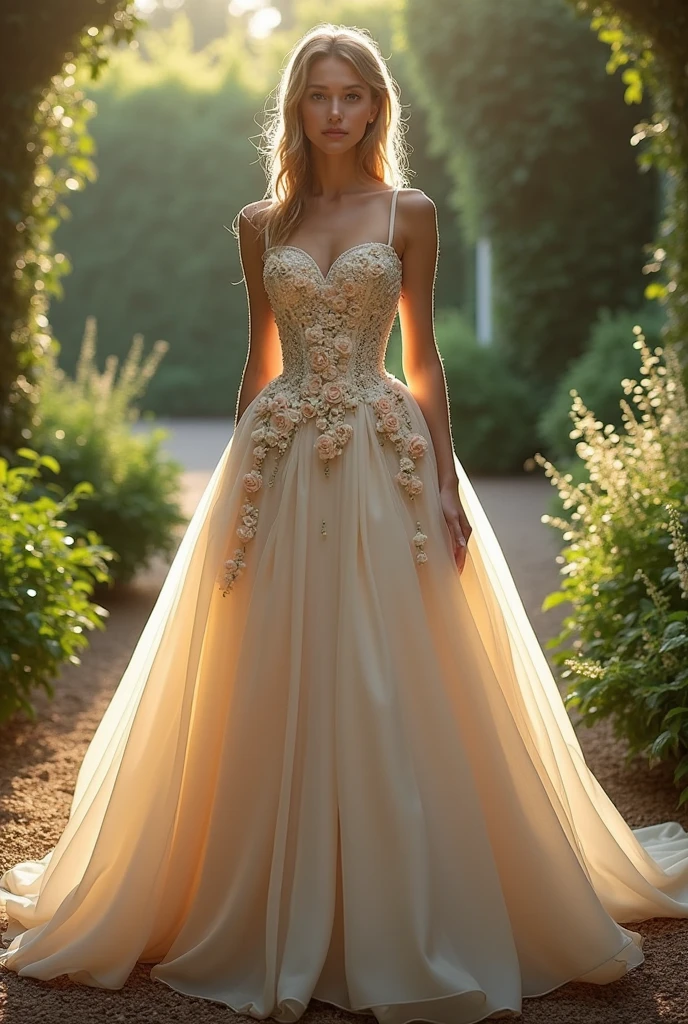 Can you make me a dress with a corset with a flower-inspired drape structure and a skirt with the front uncovered to the knee with a balloon structure?