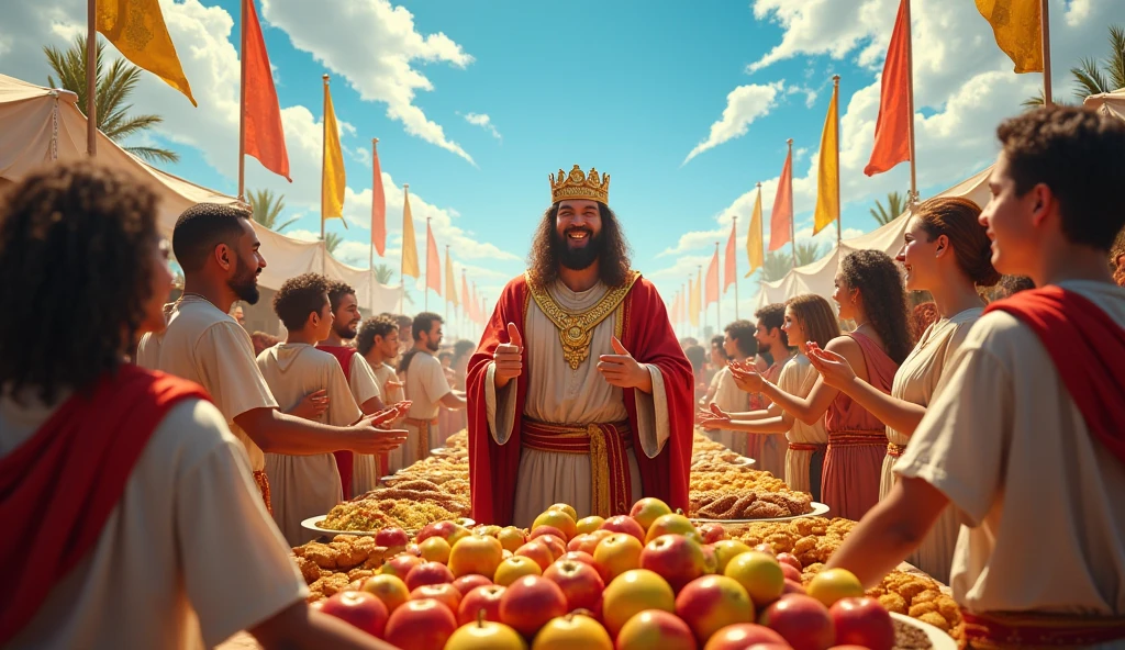 Create an image of Solomon in a setting where he is distributing food and resources at a harvest festival. The scene should show tables full of fruit, breads, and wine jugs, with people from all parts of the kingdom participating in the celebration. Solomon is at the center of the scene, with an expression of contentment as he watches the happiness of his people, reinforcing that generosity creates a continuous cycle of positive feedback.