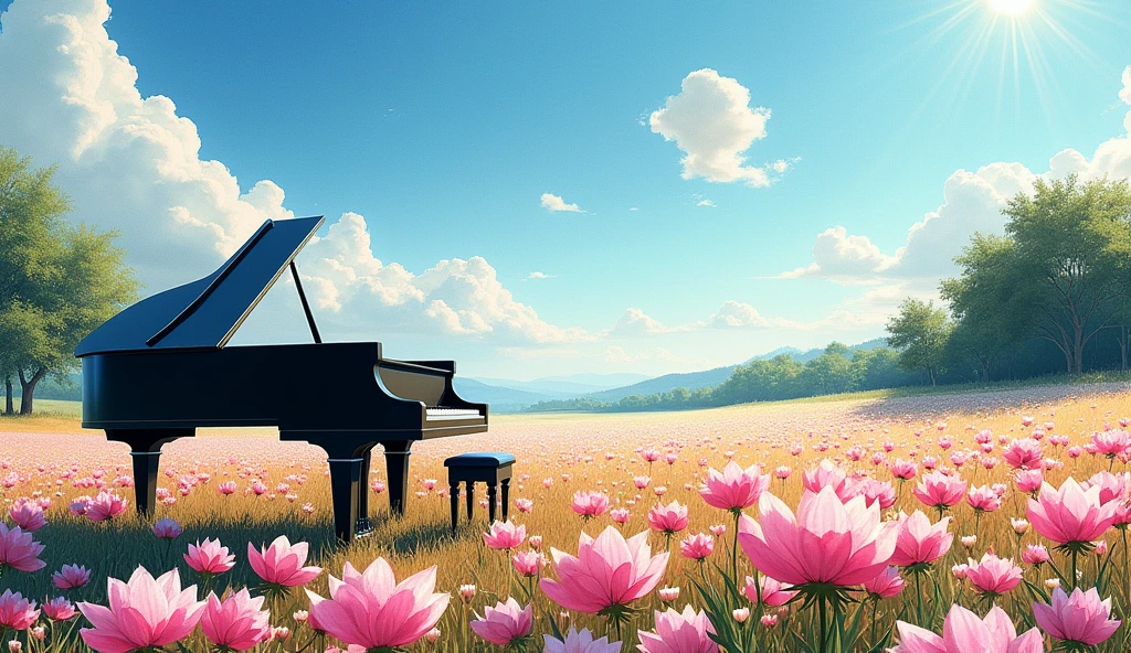 Bright summer daylight. A large black grand piano is placed in a sprawling flower garden, pink and white flowers are in full bloom, and soft sunlight is shining on them. The sky is a clear blue, with few clouds and strong sunlight casting shadows on the earth. The trees in the distance are dark green, expressing the vividness of summer. Overall, bright, warm light fills the scene, vividly depicting the beauty of nature.” Paint in the style of a watercolor painting.