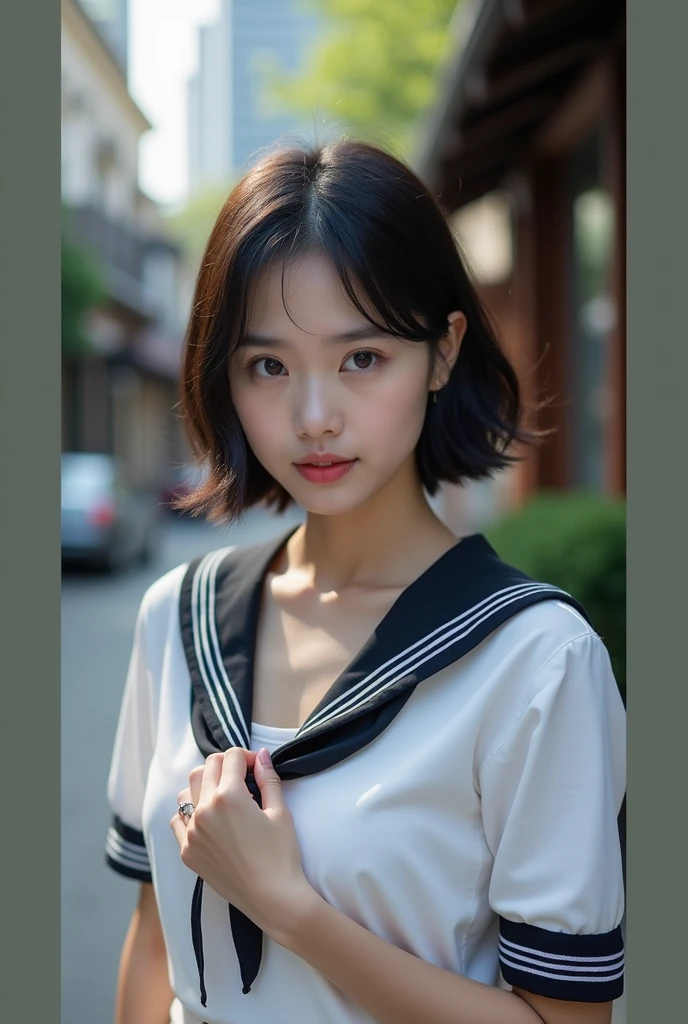 Realistic glowing skin, (sweating:1.4),Stand backwards,Look back at your face,Always look at the camera, (When the uniform gets wet with sweat, it becomes transparent..:1.4),(sweating:1.2),(Nipples:1.8),
Classic black and white sailor uniform,Summer clothes,Cold look,Cold Stare,Black Hair,short hair,Tie your hair short,Silky translucent white skin,best Realistic depiction,(Very detailed美しい顔), Great face and eyes, (Highest quality:1.4), (Very detailedな), (Very detailed CG 統合 8k 壁紙), Very detailed, High resolution raw color photos, Professional photography, Realistic portrait,
(Detailed RAW photos of the girl's whole body), Canon EOS R5 250mm, Sharp focus, Cinema Lighting, (No makeup:1.2), Fine skin, Delicate collarbone,Fine texture of the sailor uniform,Very Realistic sailor uniform texture,(Ultra-high resolution:1.6), (Realistic:1.6),