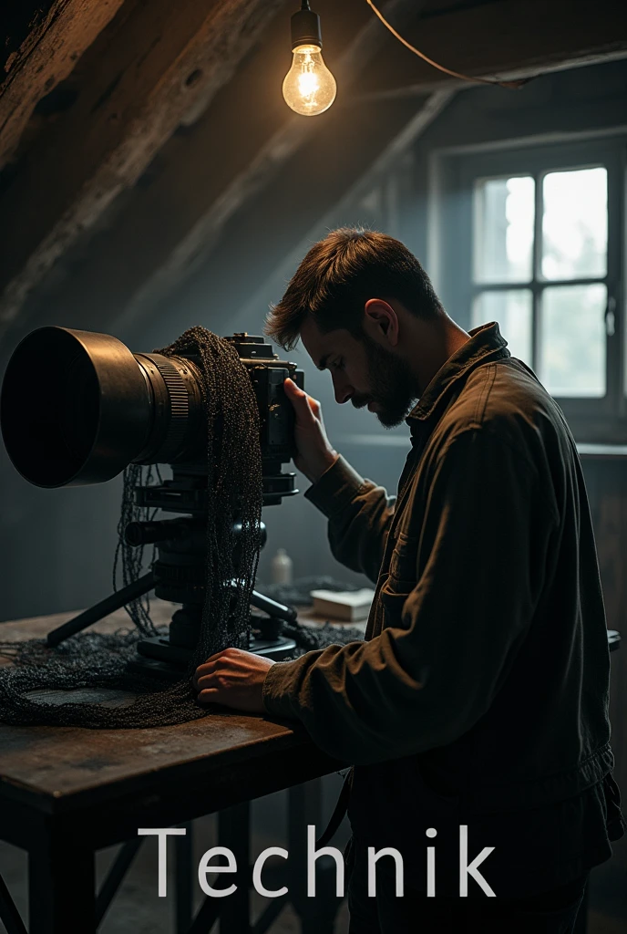 Create a picture of a craftsman, who sets up a large black camera with a telephoto lens in an attic at night. The craftsman places a net over the camera. The man is wearing dirty work clothes.
At the bottom of the picture TECHNIK should be written in large grey letters.
