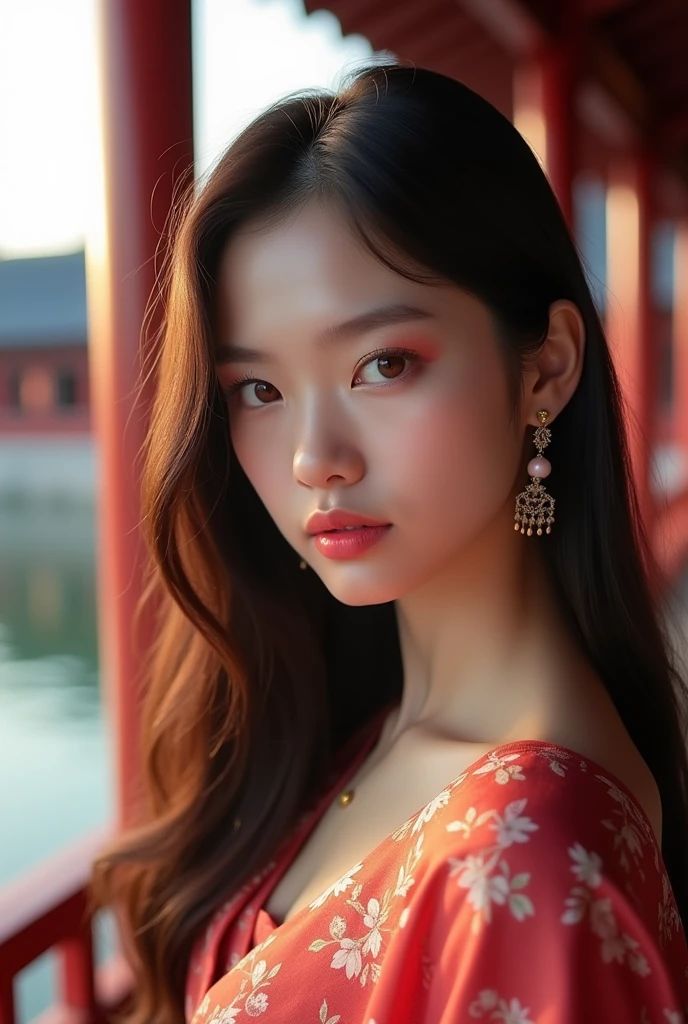(Best Quality: 1.3, Masterpiece: 1.3), Ultra HD, (1girl, solo), atmospheric perspective, detailed face, upper body, makeup, pink lips, cleft lip, shiny skin, (brown hair), super long hair, Looking at In front of the audience, red eyes, earrings, small breasts, slim body, (white silk), (((((East Asian architecture, riverside, beautiful background))), perfect lighting, (frontal lighting), physically based rendering,