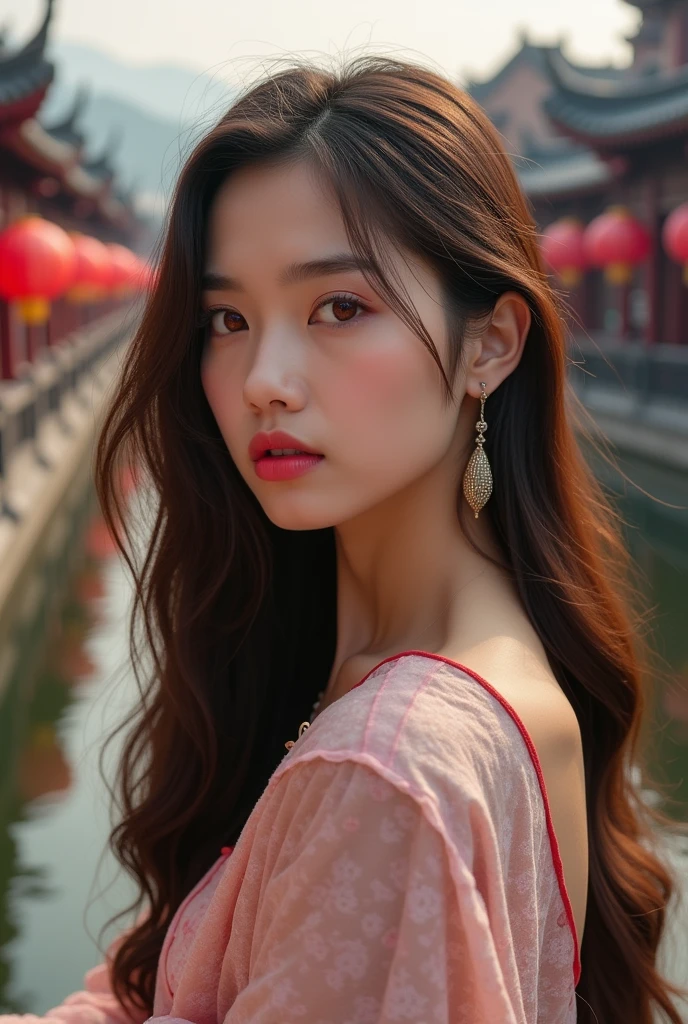 (Best Quality: 1.3, Masterpiece: 1.3), Ultra HD, (1girl, solo), atmospheric perspective, detailed face, upper body, makeup, pink lips, cleft lip, shiny skin, (brown hair), super long hair, Looking at In front of the audience, red eyes, earrings, small breasts, slim body, (white silk), (((((East Asian architecture, riverside, beautiful background))), perfect lighting, (frontal lighting), physically based rendering,